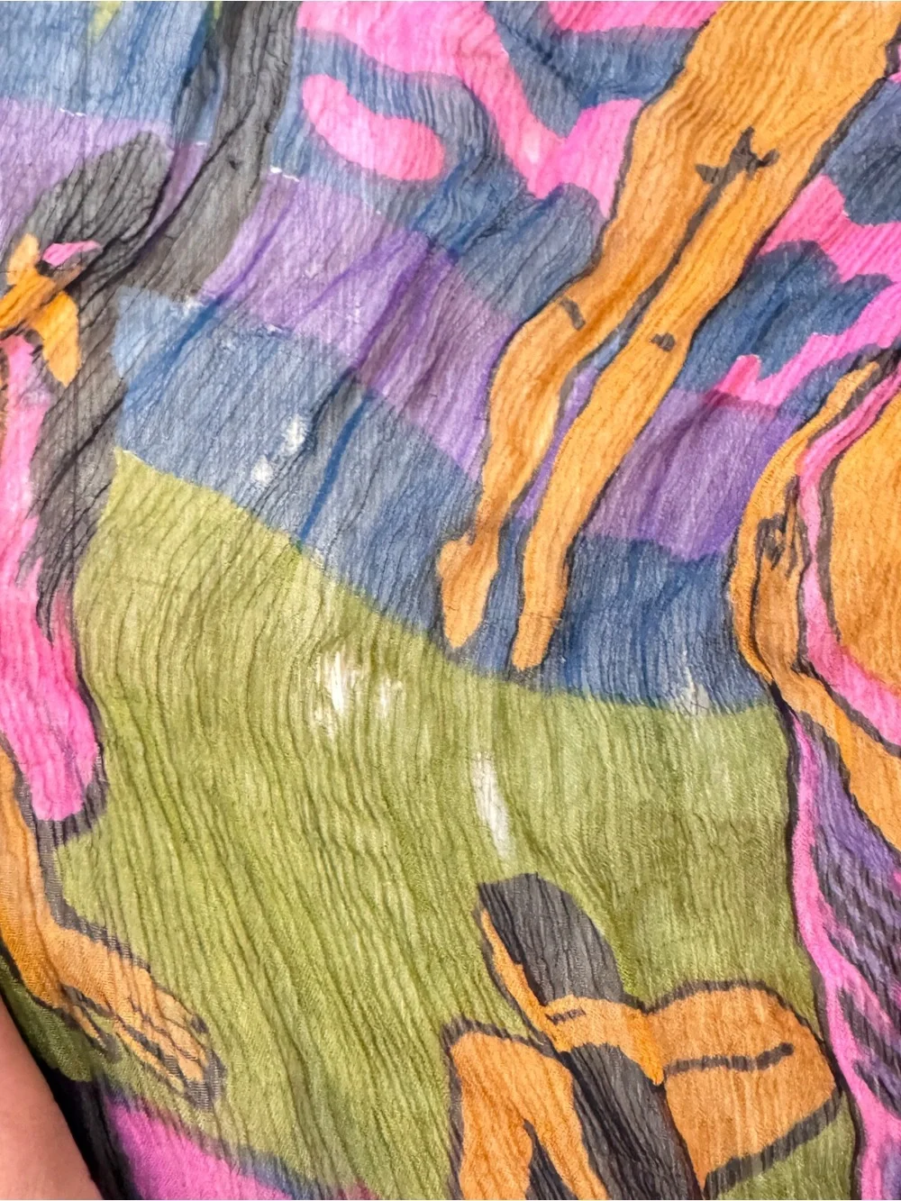 Colorful Crinkle Nude Figural Art Scarf 66”x20”Bold Abstract Vibrant Sheer